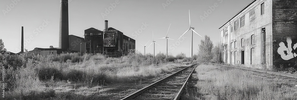 Poster wind turbines stand tall alongside remnants of closed coal mines and old factories, showcasing a shi