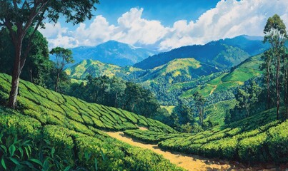 Naklejka premium Oil painting depicting a close view of tea plantations nestled among hills