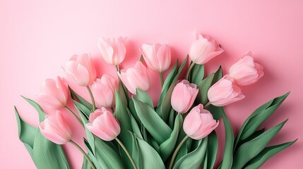 Obraz premium Beautiful arrangement of pink tulips on a soft pink background, perfect for floral designs and spring themes.