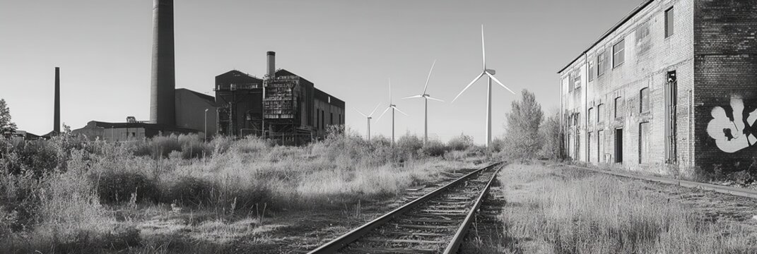 Wind turbines stand tall alongside remnants of closed coal mines and old factories, showcasing a shift toward green energy solutions. Generative AI