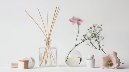 Decorative vases and fragrance bottles are elegantly arranged on a clean white surface. Delicate flowers add a touch of nature to the serene display, enhancing the calming atmosphere