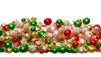 Christmas balls in red, green and gold colors on a transparent background. Composition of Christmas ornaments. 3D render. Holiday decoration.