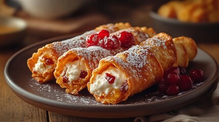 Cannoli with smooth ricotta filling and a generous dusting of powdered sugar, elegantly presented on a dessert plate, with a blurred café scene in the background, warm light enhancing the cozy,