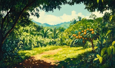 Oil painting depicting a quaint mango garden with lush greenery and vibrant mango trees