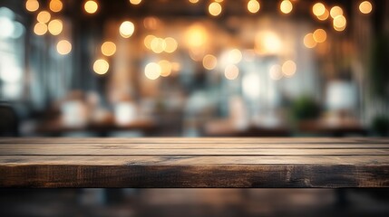 Elegant wooden table in a cozy cafe, illuminated by warm bokeh lights. Perfect for showcasing food, coffee, or events.