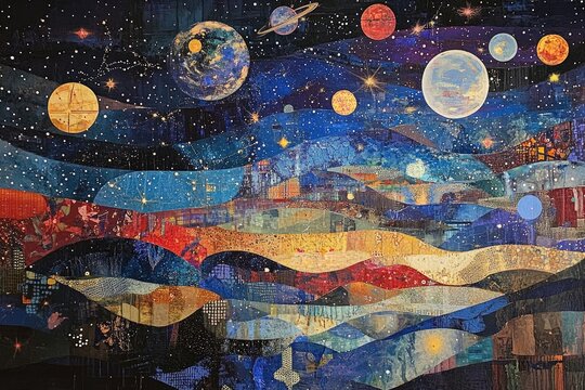 Oil painting depicting a starry night sky featuring a collage of space science and educational elements