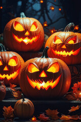 Spooky Season: Closeup of scary halloween pumpkins. generative AI