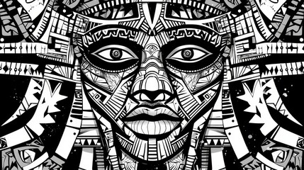 Obraz premium Geometric Tribal Mask Closeup Black White Abstract Design Eyes Lips Tribal