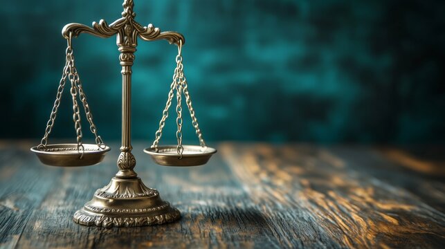 An ornate scale of justice stands prominently on a wooden table, accentuating themes of fairness