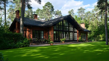 A traditional Nordic brick house with large windows and a green lawn, surrounded by the towering trees of a rainforest