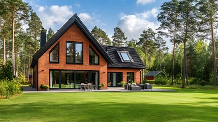 A traditional Nordic brick house with large windows and a green lawn, surrounded by the towering trees of a rainforest