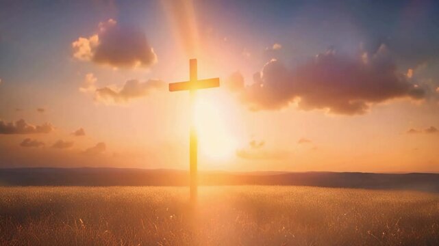 Cross glowing, sunset rays pulsing. Seamless Loop animation