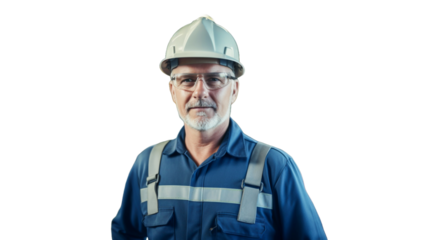 Confident professional male mature adult heavy industry engineer on transparent background PNG.
