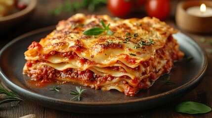 Lasagna with layers of sauce and bubbling cheese, served on a ceramic plate, with a blurred candlelight in the background, the warm glow enhancing the homely and comforting feel of the meal.