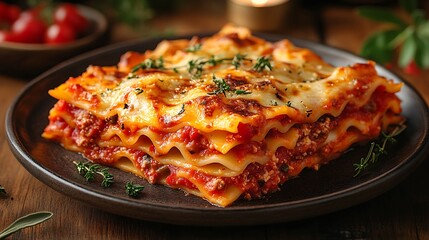 Lasagna with rich layers of sauce and melted cheese, served on a rustic ceramic plate, with a blurred candlelight creating a soft, warm glow in the background, evoking a cozy dining experience.