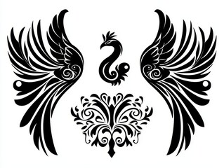 Fototapeta premium Black and White Symmetrical Bird Wings with Ornate Floral Detail A Bold Graphic Illustration Tribal