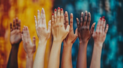 Hands of different races intermingled, raised together in unity against a vibrant background