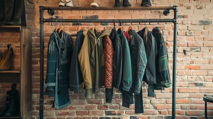 Fashioned Frames: Clothes Displayed on Sleek Hangers with Brick, Wood, and Metal Accents"