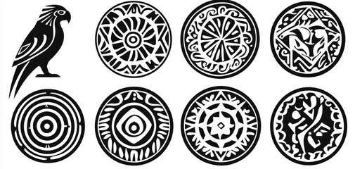 Black White Tribal Bird Ornamental Eggs Symbolic Composition of Nature and Geometric Design Tribal