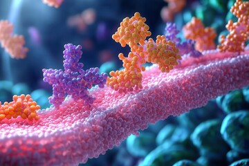 A detailed illustration of molecular structures taking place on a cellular membrane, showcasing vibrant colors and intricate designs.