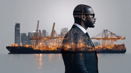 An African American businessman’s profile features cyberpunk-inspired digital technology amidst a blurred port backdrop at dusk, illustrating the fusion of technology and business