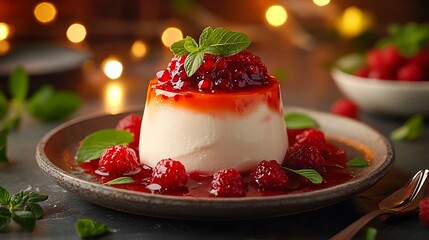 Panna Cotta with a creamy base and vibrant berry compote, served in a glass dish, with a blurred cityscape softly glowing in the background, warm lighting highlighting the modern and elegant setting.