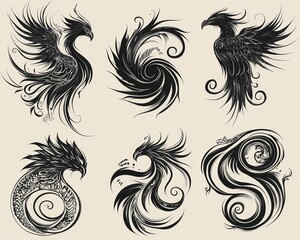 Fototapeta premium Black and White Abstract Bird Spiral Composition Feathery Details Whimsical Swirls on Cream Background Tribal