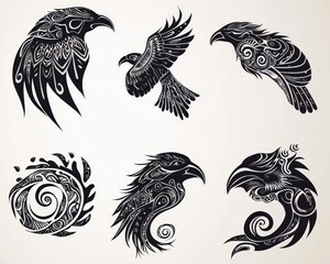 Obraz premium Black White Tribal Ravens Intricate Patterns Whimsical Flight 149 characters Tribal