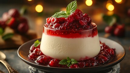 Panna Cotta with a smooth, creamy texture, topped with rich berry compote, served in a sleek glass dish, with a blurred cityscape in the background, warm light enhancing the luxurious and modern feel.