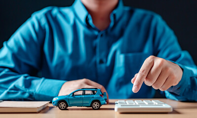purchase, safety, transportation, automobile, sale, agreement, investment, insurance, calculator, financial. A man is sitting at a desk with a calculator and a toy car.