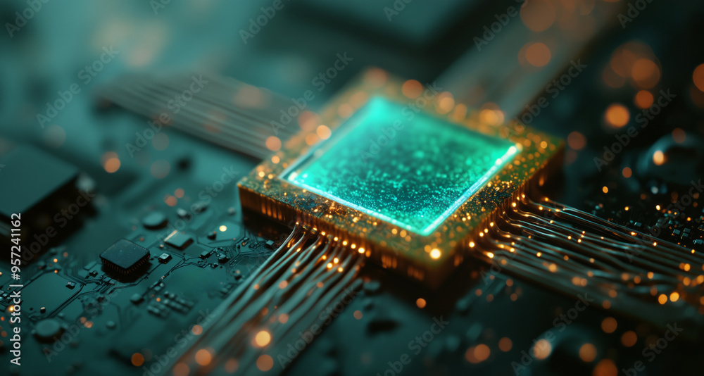 Poster a computer chip resting on a circuit board, illuminated by soft lighting. the image focuses on the c
