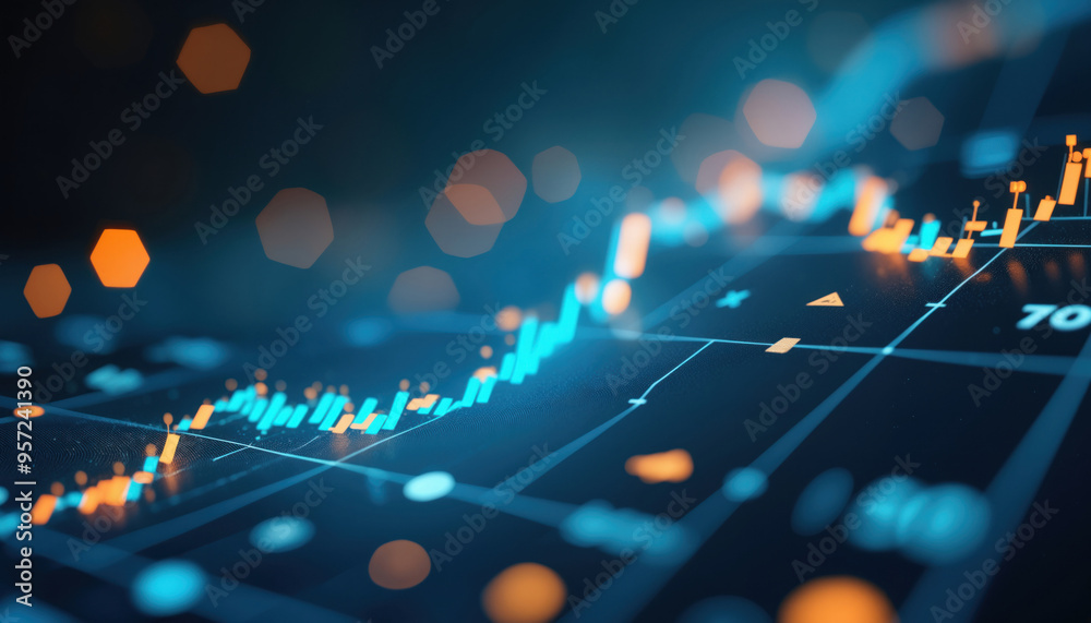 Poster stock market graph with glowing points: digital financial graph showing glowing data points and tren