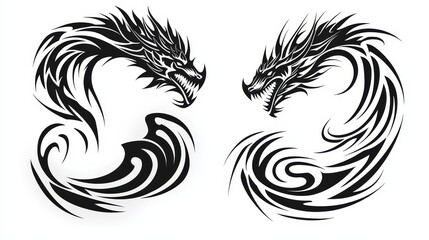 Fototapeta premium Two Black White Tribal Dragon Silhouettes Facing Each Other on a White Background Tribal