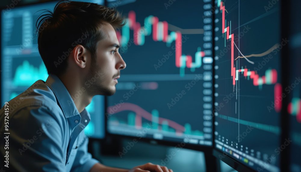 Poster trader monitoring stock market data on multiple screens: a trader monitoring stock market data on mu