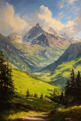 Fototapeta premium Oil painting depicting a panoramic view of a mountain pass in the Alps
