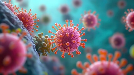 Virus infection, viral particles attaching to host cell membrane, illustration