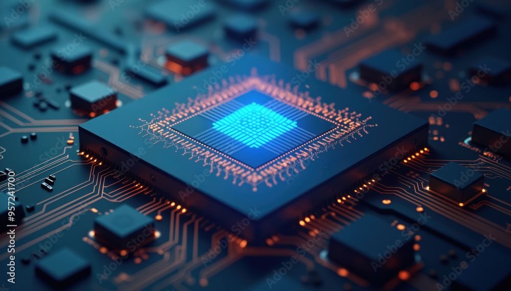 Poster glowing microchip with circuitry: a glowing microchip with circuitry, symbolizing cutting-edge compu