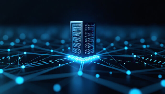 Data Stack Icon with Network Connectivity: A data stack icon within a digital network, representing database management, big data, and cloud computing.
