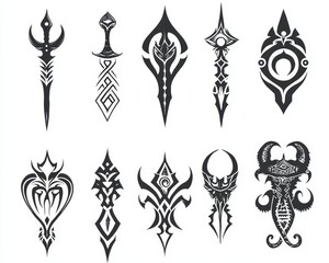 Tribal Tattoo Designs Black Ink on White Background A Collection of 8 Unique Stylized Swords Hearts and Creatures Tribal