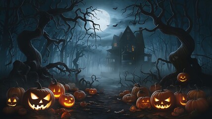 haunted misty forest background with an ominous full moon.