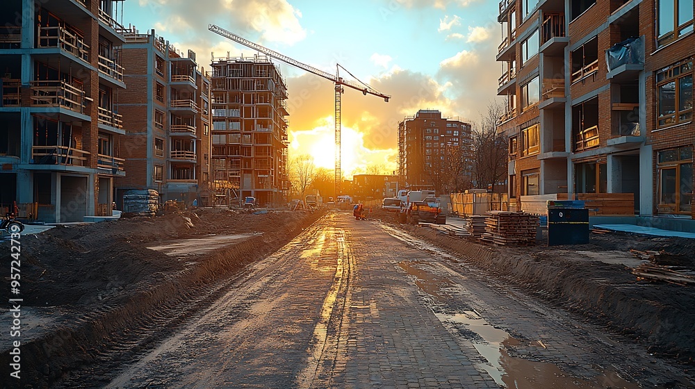 Wall mural a construction site with a crane and unfinished buildings at sunset.