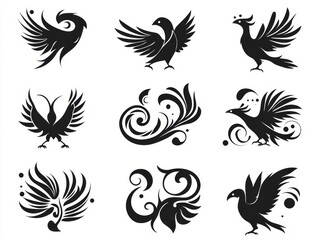 Obraz premium Black White Stylized Bird and Floral Designs Abstract Silhouettes with Swirls and Dots on a White Background Tribal