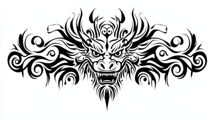 Obraz premium Black Dragon Tattoo Design A Bold Tribal Interpretation of a Fearsome Creatures Head in a Swirling Frame of Ornate Detail Tribal
