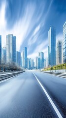Fototapeta premium The image depicts a modern cityscape with towering skyscrapers, bustling traffic, and a vibrant urban skyline