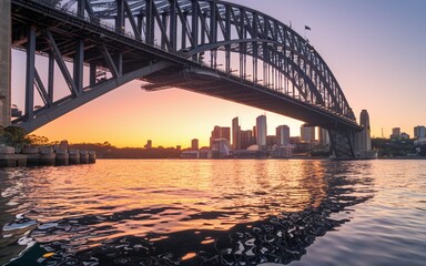Obraz premium Harbour Bridge Sunset Silhouette: Dramatic Sydney Skyline Background