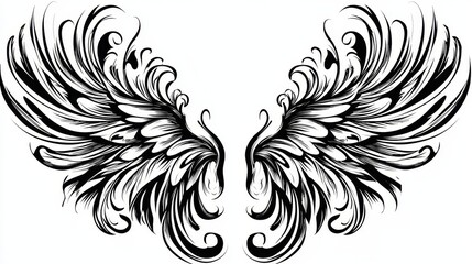 Obraz premium Abstract Black Ink Wings A Symmetrical Composition of Swirling Feathers in a Minimalist Style Tribal