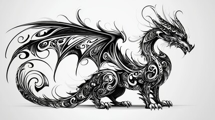 Fototapeta premium A Side Profile of a Black and White Ornate Dragon with Wings Spread Wide Tribal