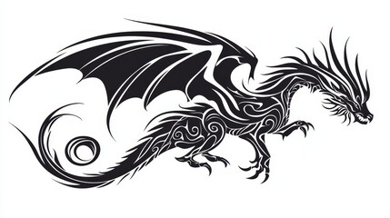 Obraz premium Black Ink Dragon Tattoo Side View Detailed Swirls Sharp Claws Mythical Power Tribal