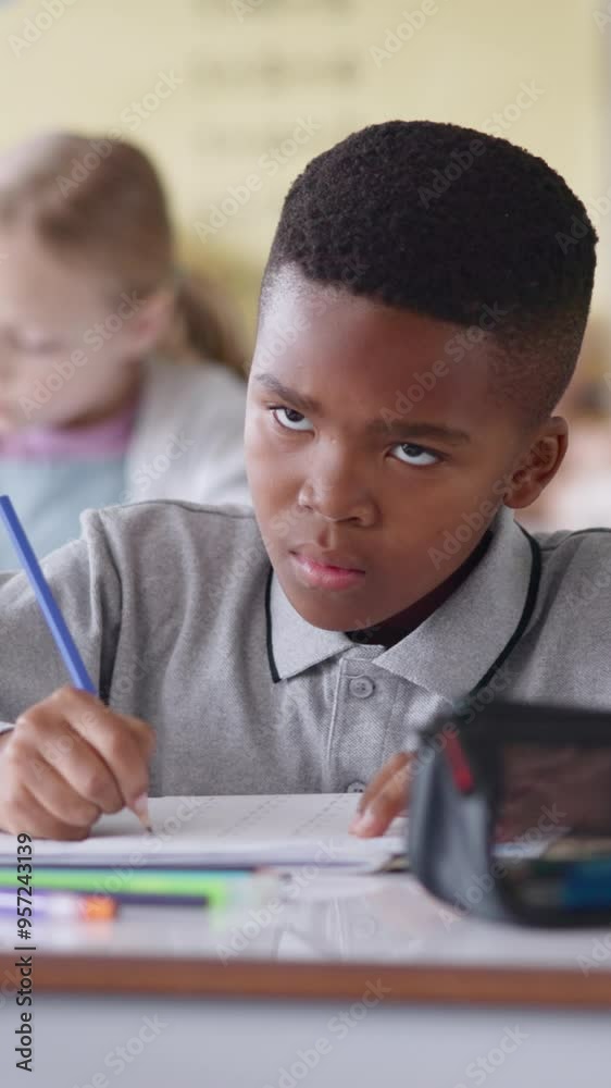 Poster Boy, writing and counting in classroom for education, thinking and problem solving for maths test at academy. Child, exam or assessment with solution, learning and development with progress at school