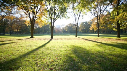 Sunlit Autumn Park with Colorful Trees and Long Shadows on a Bright Day
